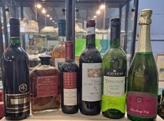 Seven mixed bottles, Beau Village Medoc, Riesling dry, Golden Grape Estate Shiraz, The Gourmet