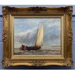 James J. Allen (British, contemporary), sail boats off the coast, oil on board, signed,15.5x19.5ins,