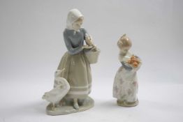 Lladro model of a goose girl together with a smaller model of a orange seller, tallest 22cm high