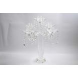 Glass chandelier centrepiece with four candle holders and brass droplets, 48cm high