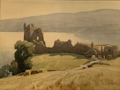 Richard Sams (British, 20th century) Castle Urquart, Scotland, watercolour, 14.5x11ins, framed and