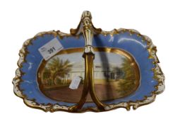 19th Century card tray painted with a view of the pump room at Cheltenham together with a small
