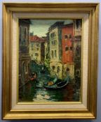 Canal punting scene, possibly Venice, oil on board, signed,14x10.5ins, 19x15.5ins inclusive of