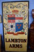 Large painted wooden pub sign for The Lambton Arms, 214 x 107 cm