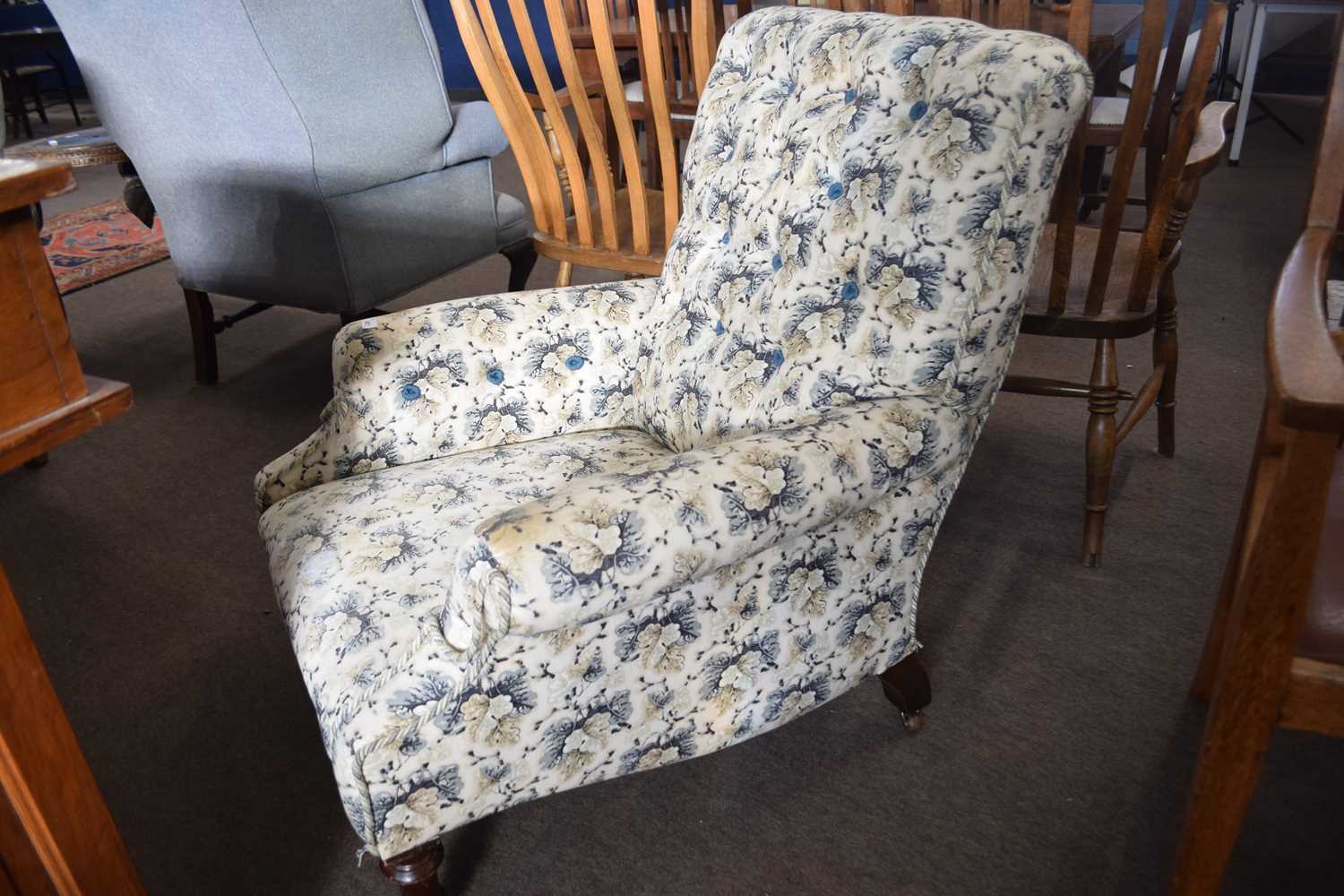 20th Century floral upholstered armchair set on turned legs with casters - Image 2 of 2