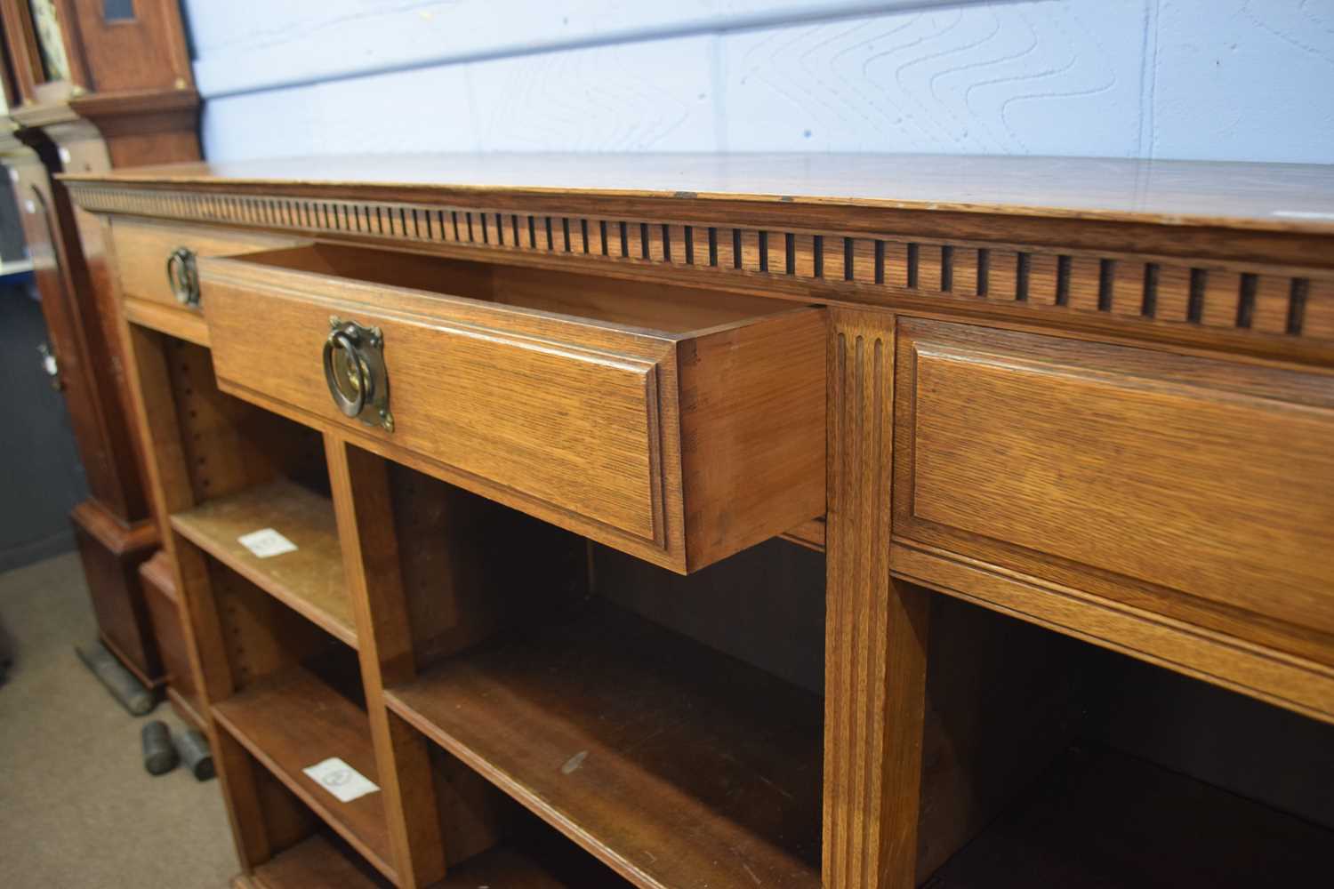 Large late 19th Century oak book case with dental moulded cornice over three drawers and three - Image 2 of 2