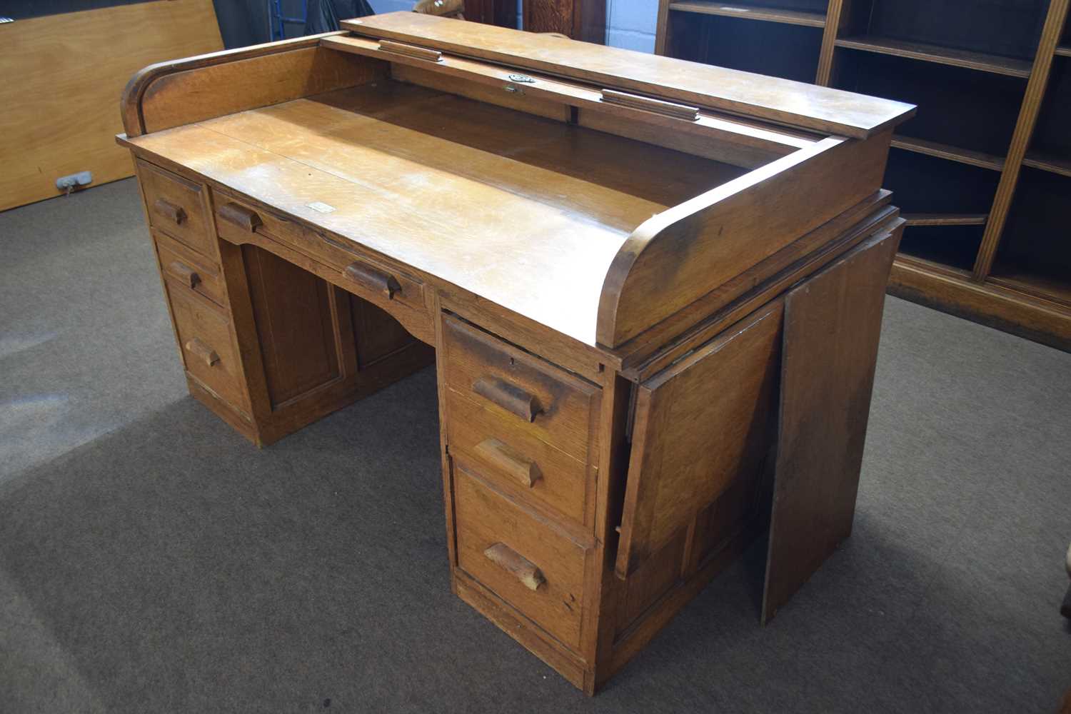 Early 20th Century oak roll top desk with twin pedestals, drop down side leaf, the lock plate - Image 3 of 3