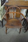 19th Century elm seated windsor chair with crinoline stretcher and pierced back, 58cm wide