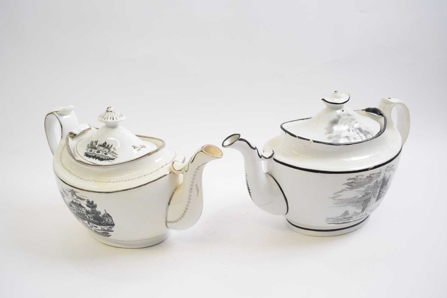 Two early 19th Century English porcelain teapots decorated with black printed scenes