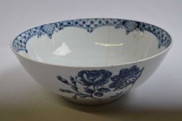 Lowestoft bowl decorated with floral prints in Worcester style within a painted border, 21cm