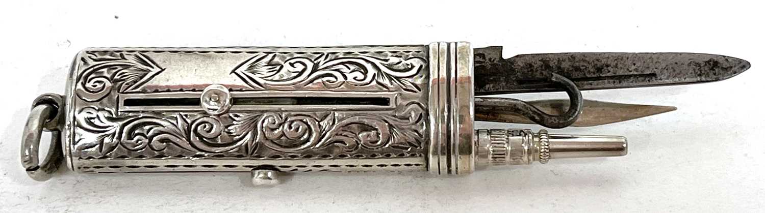 A small Victorian combined silver sliding pencil, button hook and penknife with engraved body and - Image 4 of 5