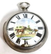 Silver Fusee pocket watch with silver double case, hallmarks can be found throughout the case, the