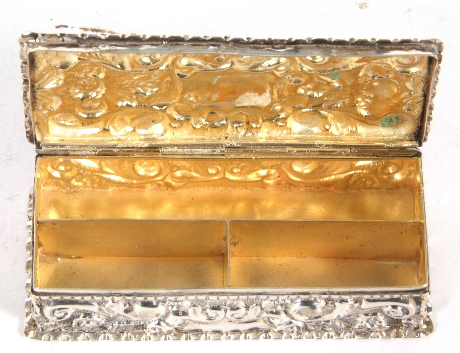 Victorian silver trinket box of rectangular form, overall embossed with shells and foliage and - Image 3 of 4