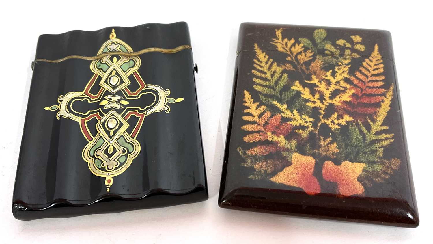 A vintage painted transferred card case together with a foliate stencilled card case (2)