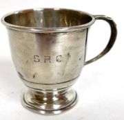 George VI silver mug with reeded sections and engraved with the initials "S.R.C", hallmarked