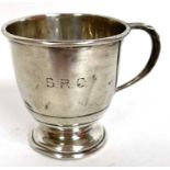 George VI silver mug with reeded sections and engraved with the initials "S.R.C", hallmarked