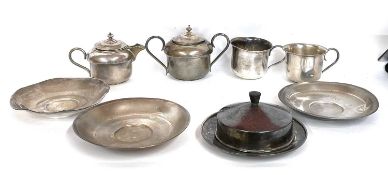 Mixed Lot: White metal tea ware, teapot, two saucers and two mugs together with metal covered dishes