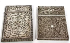 Two antique Far Eastern filigree white metal card cases both in fitted cases, g/w 92.2gms (2)