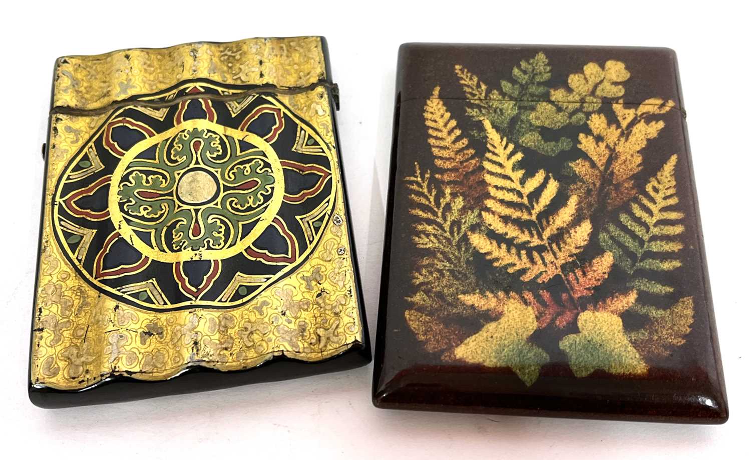 A vintage painted transferred card case together with a foliate stencilled card case (2) - Image 2 of 3
