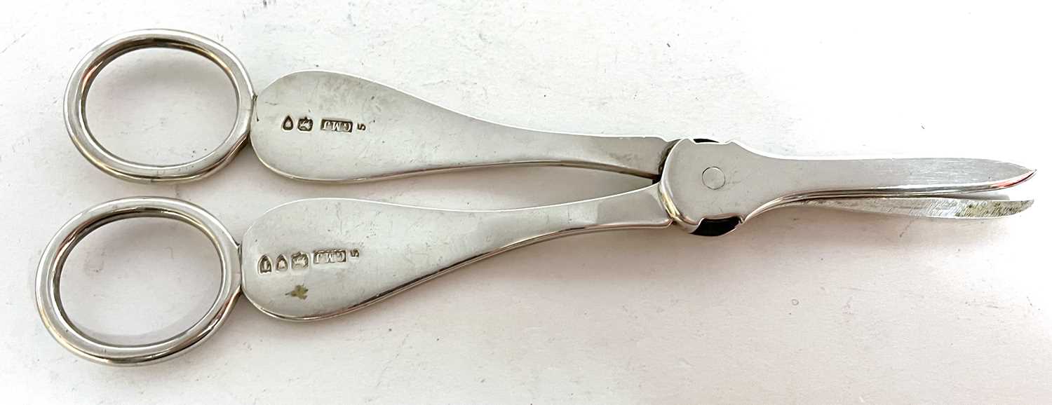 A pair of late Victorian grape scissors with bright cut decoration to the front around two vacant - Image 4 of 5