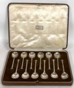 Cased set of twelve seal top coffee spoons, London 1934, makers mark for Josiah Williams & Co in