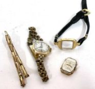 A lot of two 9ct gold cased ladies wrist watches and yellow metal expanding bracelet which is