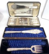 Mixed Lot: A cased pair of Victorian silver plated fish servers, the blades engraved with a floral
