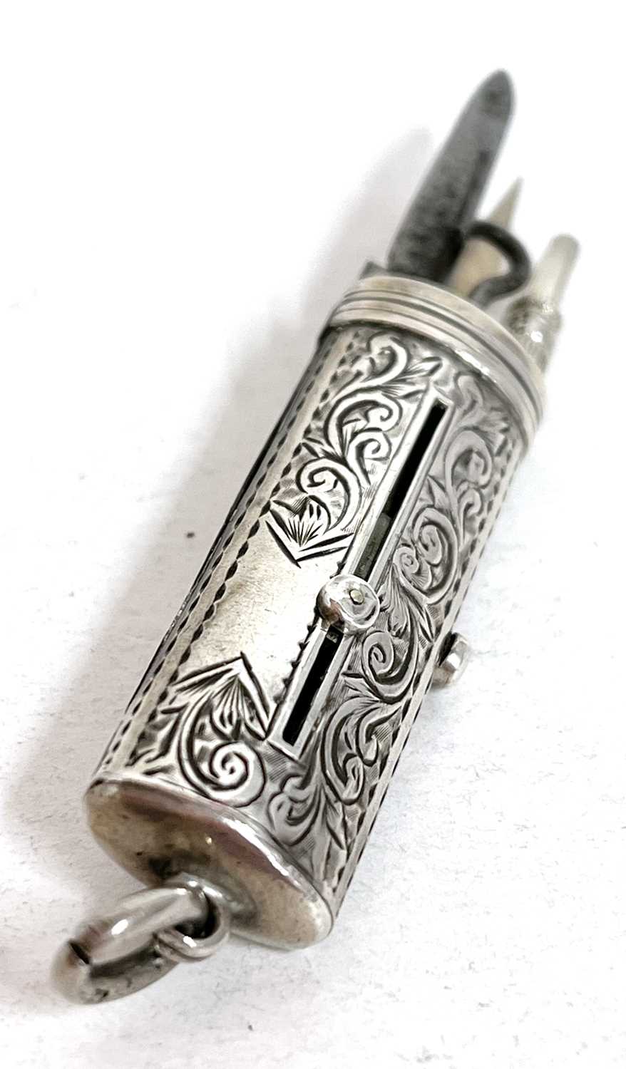 A small Victorian combined silver sliding pencil, button hook and penknife with engraved body and - Image 3 of 5
