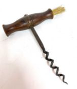 A vintage wooden handled direct pull corkscrew with dusting brush, 13cm long