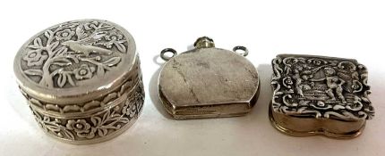 Mixed Lot: Two modern white metal boxes and a small scent flask (3)