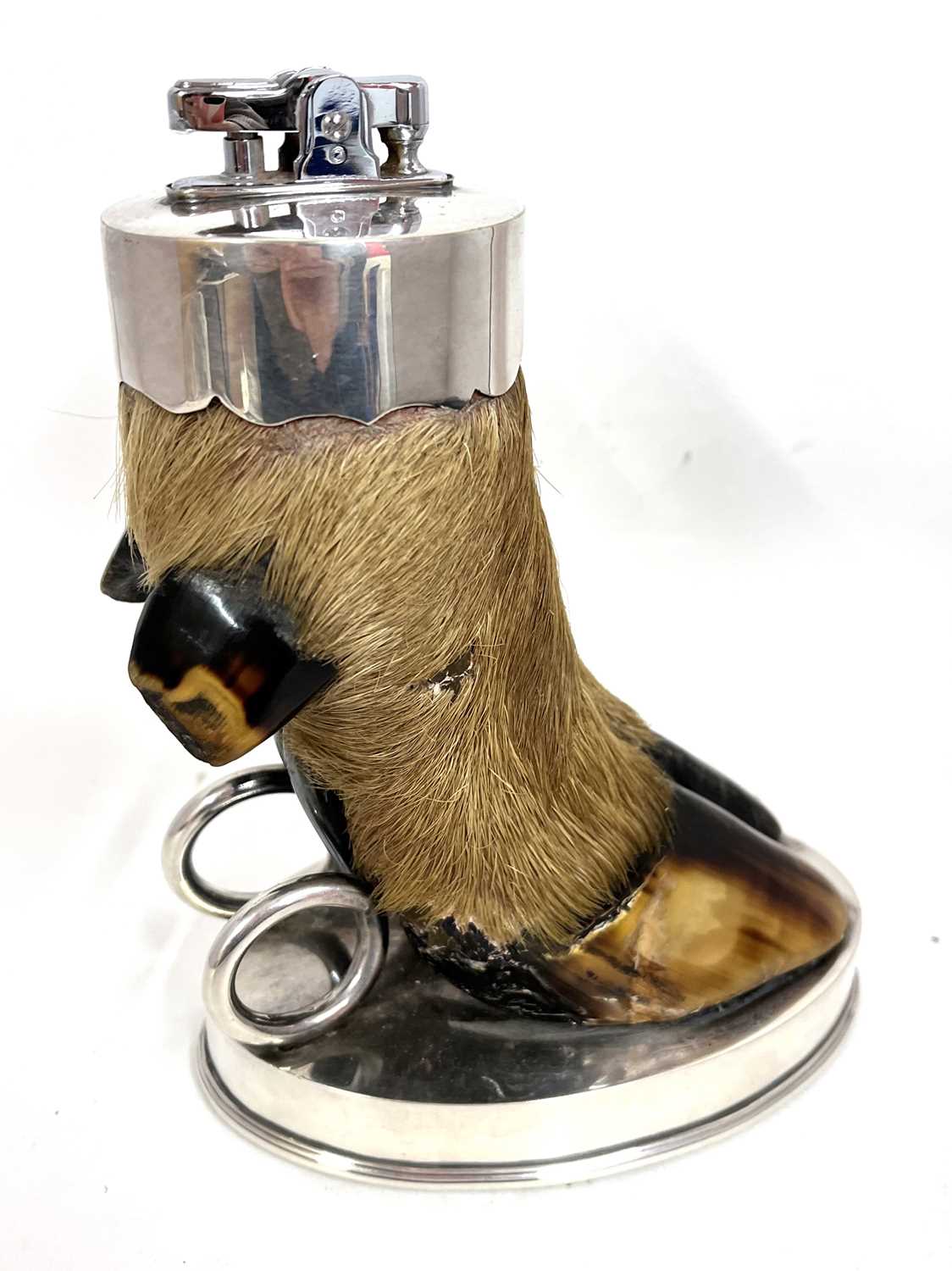 A Vintage Ronson table lighter mounted as a deers foot to an oval shaped loaded silver plate base, - Image 2 of 5