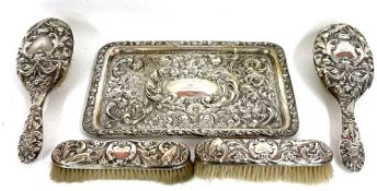 Mixed lot to include an Edwardian silver dressing table tray, heavily embossed with flowers, scrolls