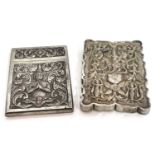 Two Burmese white metal card cases with figural embossed decoration, 190gms (2)