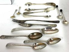 Mixed lot to include two pairs of silver sugar tongs, three bright cut teaspoons, an Old English