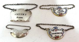 Mixed lot to include a crescent shaped spirit label 'Whisky', Birmingham 1930, makers mark for S