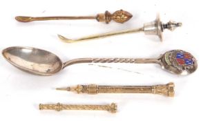 Mixed Lot including two Victorian gilt metal propelling pencils, a hallmarked silver snuff spoon