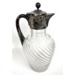 A Victorian silver mounted claret jug with clear glass ovoid shaped spiral cut body, Birmingham