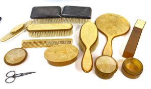 Mixed lot of Art Deco style celluloid dressing table items to include mirror, clothes brush,