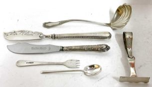 Mixed Lot: A hallmarked silver baby's pusher, Victorian silver bladed preserve knife, pickle fork