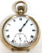 A gold plated pocket watch, the watch has a white enamel dial with black Roman numeral hour markers,