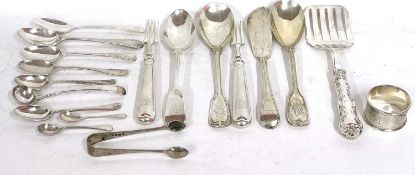 Mixed Lot: A Victorian silver butter knife, a pair of silver pickle forks, fiddle pattern