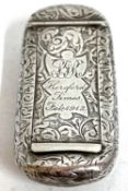 An Edwardian silver snuff box of slight curved rectangular form overall engraved with a foliate