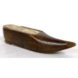 A vintage treen shoe snuff box with bone slide cover, 12cm long