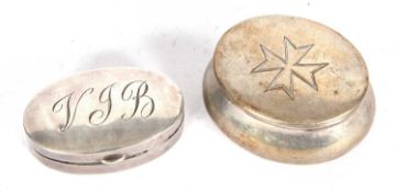 Mixed Lot: A small continental white metal oval lidded box, the hinged lid engraved with a Maltese