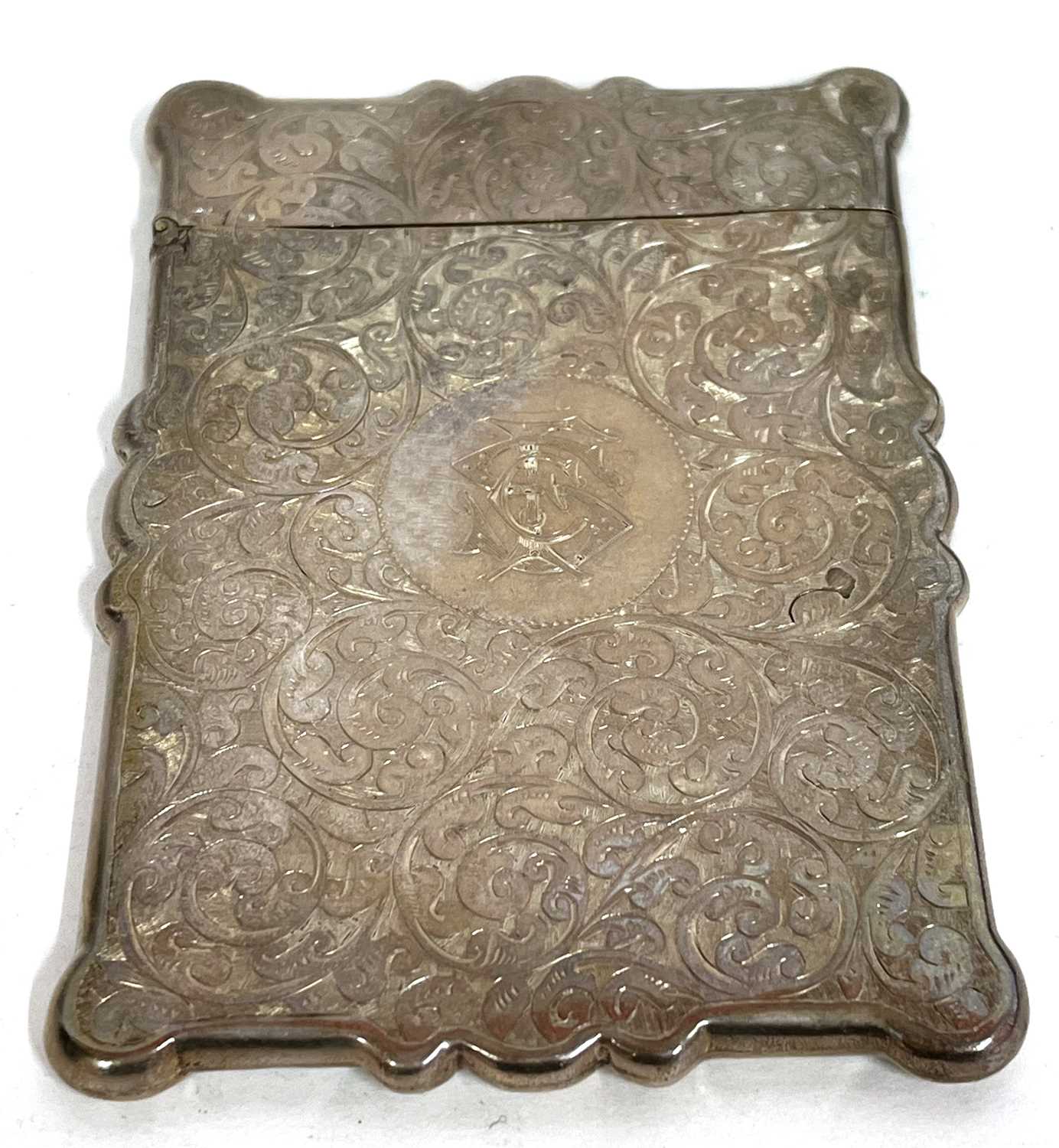 A Victorian card case with wavy edges, well engraved around a monogram, hallmarked Birmingham - Image 3 of 6