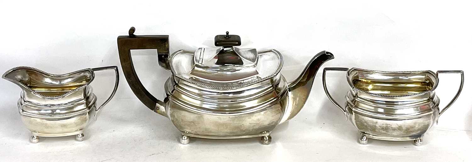 George VI silver three piece tea set comprising teapot, twin handled sugar bowl and jug of rounded - Image 2 of 9