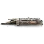 A small Victorian combined silver sliding pencil, button hook and penknife with engraved body and