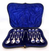 A Victorian cased set of twelve apostle teaspoons and tongs, Sheffield 1898/99, makers mark for