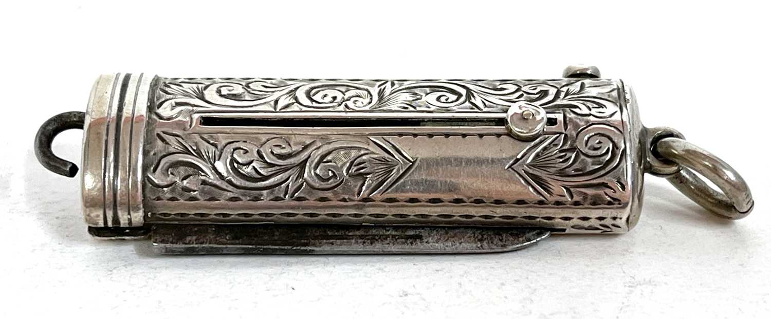 A small Victorian combined silver sliding pencil, button hook and penknife with engraved body and - Image 5 of 5