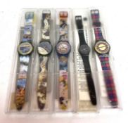 Lot of five quartz Swatch wrist watches, all with original box and packaging